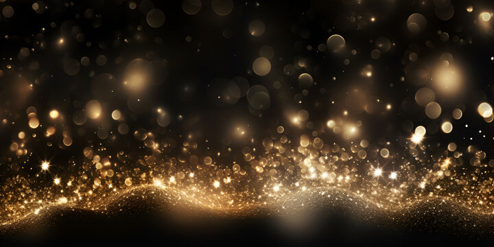 Free photo orange lights particles wallpaper gold background with a black background and a blurry gold bokeh.