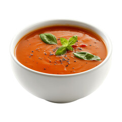 Smooth tomato soup in a white bowl, garnished with fresh basil leaves and sprinkled with ground pepper, presented side view on a black background, epitomizing comfort food.