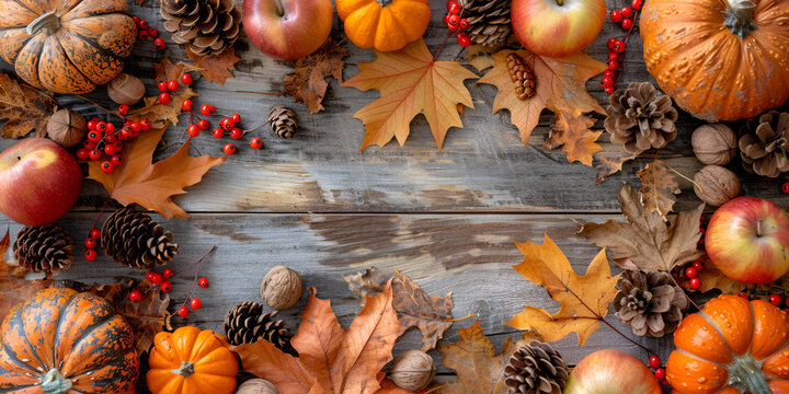 Thanksgiving background apples pumpkins and fallen leaves on wooden background