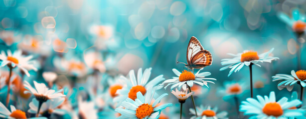 Monarch butterfly on daisy in dreamy blue floral field. Wide spring themed banner with copy space.