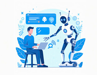 An illustration showing the work of people with artificial intelligence. Using AI technologies in work, communication, learning