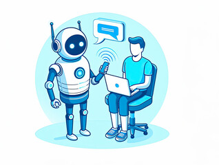 An illustration showing the work of people with artificial intelligence. Using AI technologies in work, communication, learning