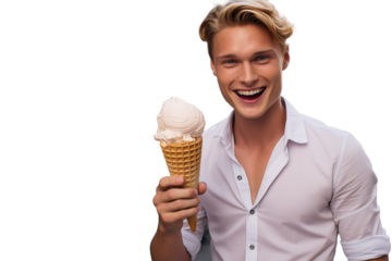 Young handsome blonde man on isolated chroma key background with a cornet ice cream