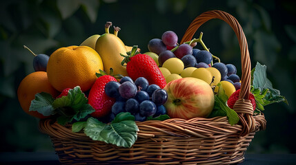 Fresh and healthy fruits in straw basket, AI Generative. - Powered by Adobe