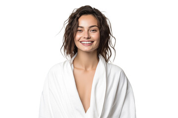 Young pretty brunette girl on isolated chroma key background in a bathrobe