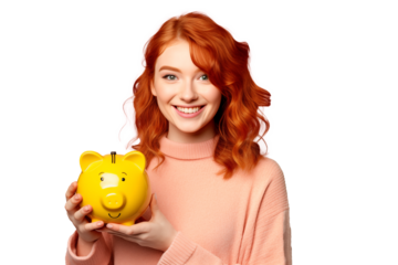 Young pretty Redhead girl on isolated chroma key background holding a piggybank
