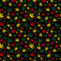 Seamless reggae background with cannabis icons pattern in rasta colors red, gold, green on black. 