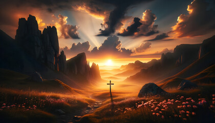 Easter illustration of a cross standing tall in a beautiful landscape - obrazy, fototapety, plakaty