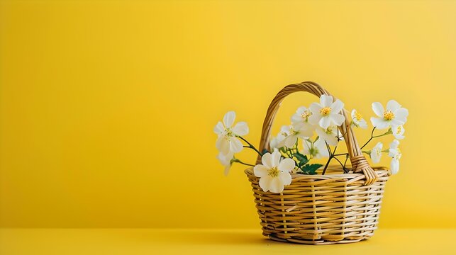 Bright Yellow Background with Woven Basket and White Flowers. Simplicity and Elegance in Still Life Photography. Perfect for Spring Themes and Advertisements. AI