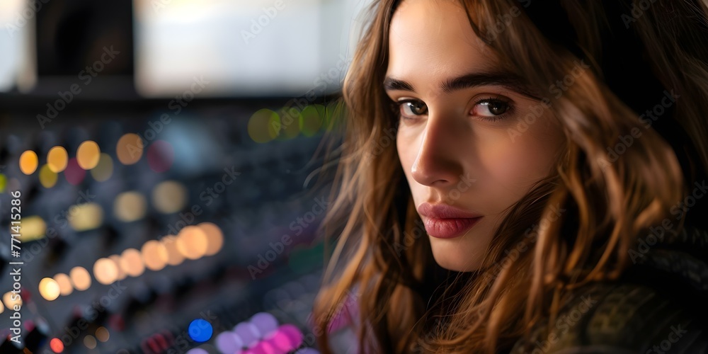 Poster professional sound engineer adjusting audio mixer in a recording studio. concept sound engineering, 