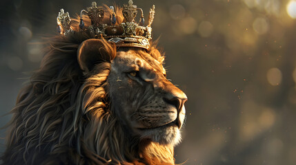 Majestic looking lion with crown, symbol for king of the animal and the chrisian medieval - obrazy, fototapety, plakaty