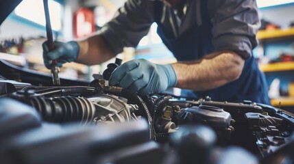 A mechanic repairing a car engine in an auto repair shop.  - obrazy, fototapety, plakaty