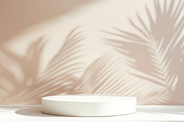 Minimalist product display podium with palm shadow on a pastel background