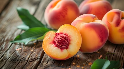 Naklejka na ściany i meble Close up of fresh Peaches on a rustic wooden Table