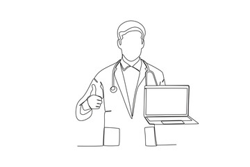 Single continuous line drawing of Doctor holding laptop. Professional work job occupation. Minimalism concept one line draw graphic design vector illustration.
