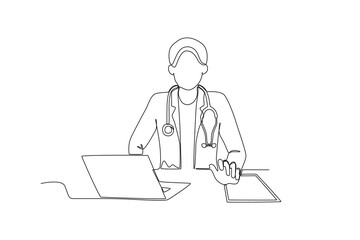 Single continuous line drawing of Doctor greeting a patient virtually. Professional work job occupation. Minimalism concept one line draw graphic design vector illustration.
