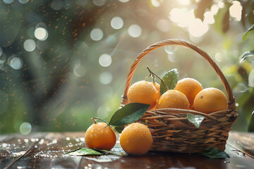 oranges fruit with leaves in basket in the park in morning light