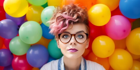 Portrait of beautiful woman with inflatable rainbow balloons. Generative AI. - obrazy, fototapety, plakaty