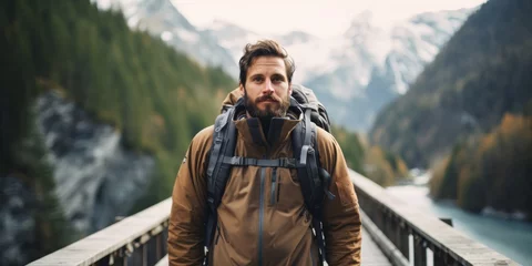Foto op Canvas A male tourist stands on a mountain bridge in the Alps. Generative AI. © Budjak Studio