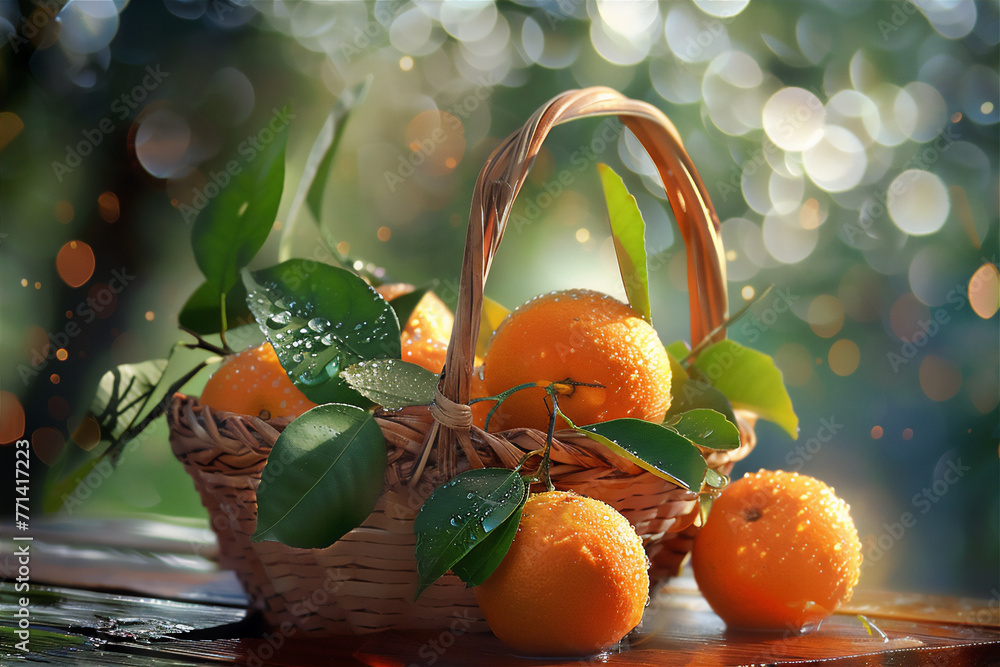 Sticker fresh oranges fruit with leaves in basket in the park in morning light