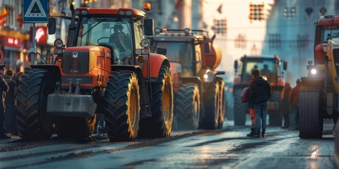 Tuinposter Farmers blocked traffic with tractors during a protest. Generative AI. © Budjak Studio