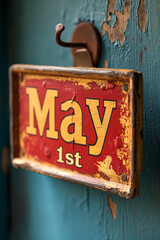 Vintage May 1st sign on a blue wooden door