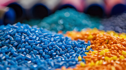 Colorful plastic polymer granules, industry grade pellets - obrazy, fototapety, plakaty