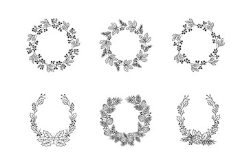 Vector illustration of hand drawn wreaths. Cute doodle floral wreath frame set. Decorative elements for design