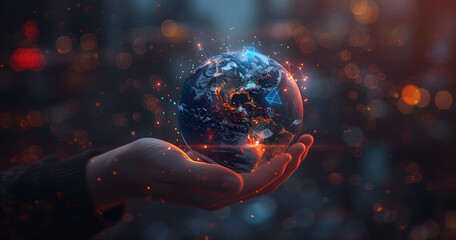 Hand holding earth with digital technology and social media icons, business concept for global network connection or online marketing, generative ai