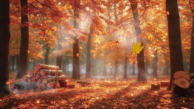 Immerse yourself in the serene beauty of autumn as captured in this 4k looping video background, featuring a pile of firewood amidst the colorful forest.