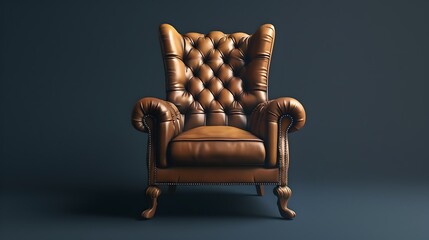 Elegant vintage brown leather armchair on a dark background. Classic furniture in a minimalist style. Perfect for sophisticated interior design themes. AI
