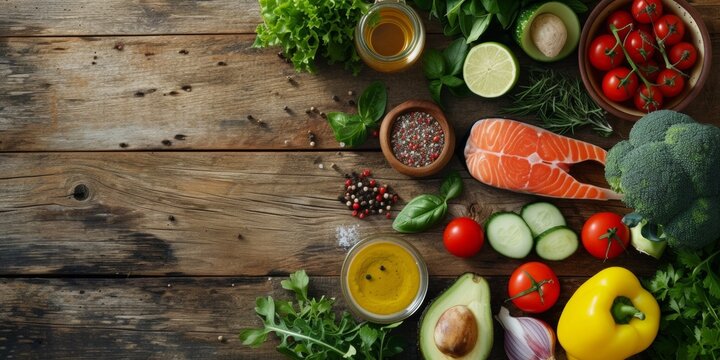 Healthy balanced food top view. Organically fresh fruits and vegetables on the table. Generative AI.