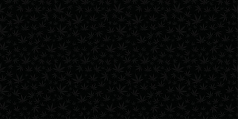 Black seamless banner background with dark gray cannabis leaf pattern - obrazy, fototapety, plakaty