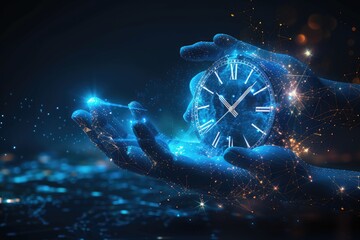 Mastering Time Digital 3D Hand with Stopwatch in Dark Blue and Abstract Low Poly Wireframe with Connected Dots, Lines, Stars, and Shapes - Time Management, Planning, Life Control, or Business Concept - obrazy, fototapety, plakaty