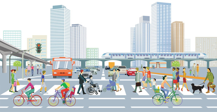 Stadtsilhouette einer Großstadt mit Verkehr  und Personen, illustration
