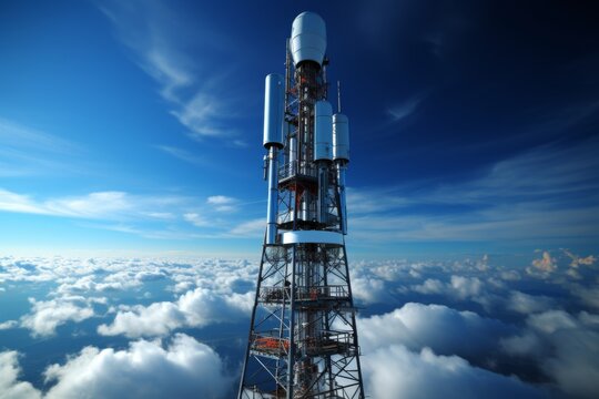 A picture of a cell phone tower against a backdrop of a clear blue sky. Suitable for telecommunications and technology-related projects