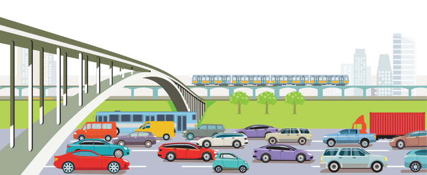 Personenwagen und Lastwagen auf der Autobahn, Bus und Hochbahn  Illustration