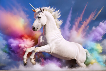 Obraz na płótnie Canvas Unicorn in the clouds of color light