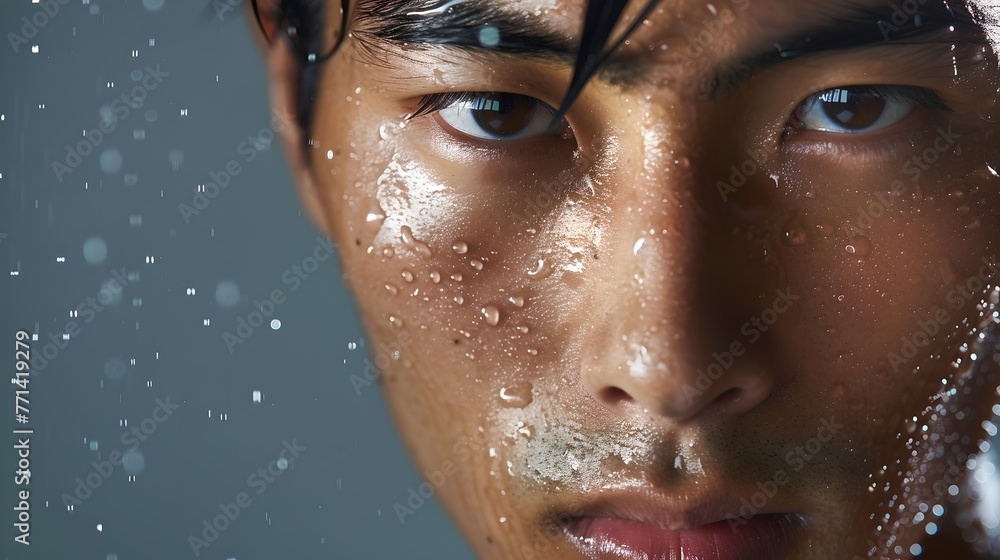 Poster Close-up Portrait of a Determined Man with Water Droplets on Face. High-Resolution Image Depicting Focus and Intensity. Perfect for Ads and Dramatic Projects. AI