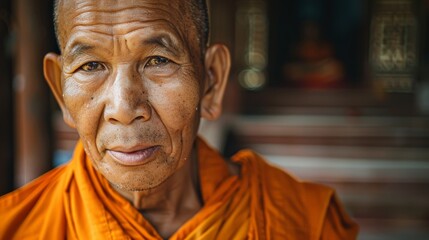 portrait of an old buddhist monk wearing an orange robe - obrazy, fototapety, plakaty