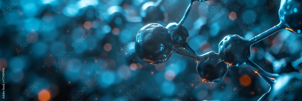 Poster abstract 3d rendering of a molecular structure with blue lights on black background for science or t