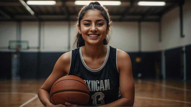 Young beautiful female mexican hispanic athlete on black jersey uniform portrait image on basketball court gym background smiling looking at camera from Generative AI