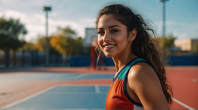 Young beautiful female mexican hispanic athlete on colorful jersey uniform portrait image on basketball court gym background smiling looking at camera from Generative AI