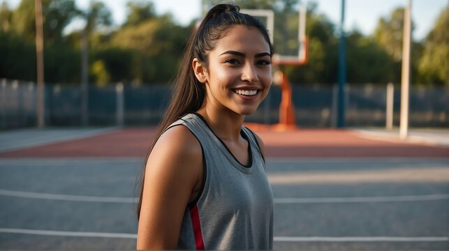 Young beautiful female mexican hispanic athlete on gray jersey uniform portrait image on basketball court gym background smiling looking at camera from Generative AI
