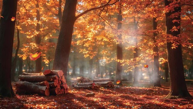Lose yourself in the tranquility of an autumn forest scene featuring a pile of firewood in this captivating 4k looping video background.