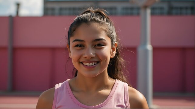 Young beautiful female mexican hispanic athlete on pink jersey uniform portrait image on basketball court gym background smiling looking at camera from Generative AI
