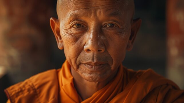 portrait of an old buddhist monk wearing an orange robe