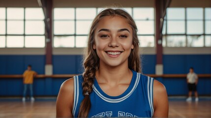 Young beautiful female senior high athlete on pink jersey uniform portrait image on basketball court gym background smiling looking at camera from Generative AI
