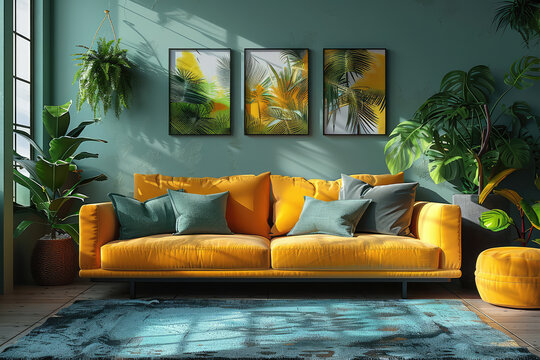 Sofa, yellow sofa with black frames, green carpet on the floor, blue wall with three paintings hanging in the background, plant decoration, green plants