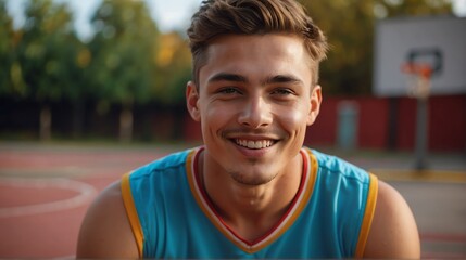 Young handsome male athlete on colorful jersey uniform portrait image on basketball court gym background smiling looking at camera from Generative AI - obrazy, fototapety, plakaty